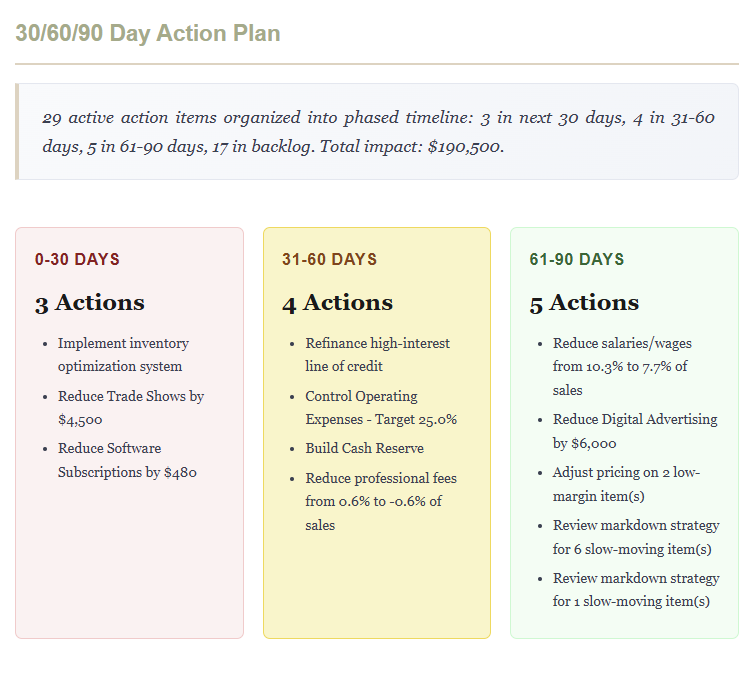 Sample 30/60/90-day action plan with phased action items organized into 0-30, 31-60, and 61-90 day columns and total planned financial impact