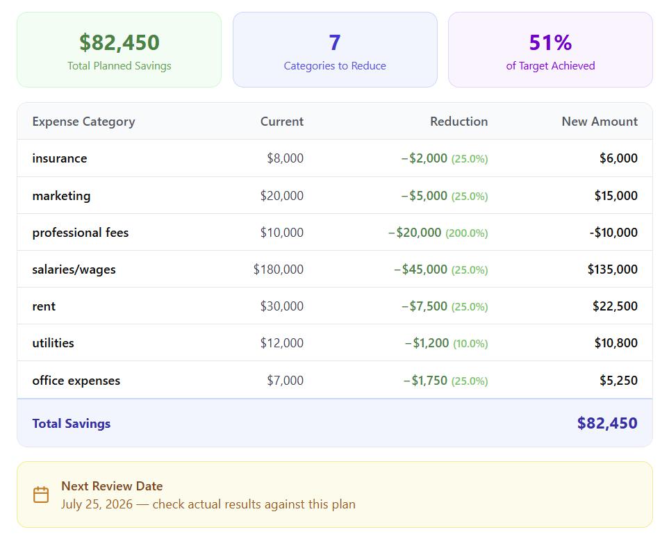 Sample action tracking view with total planned savings, expense categories to reduce, per-category reductions, and a scheduled next review date